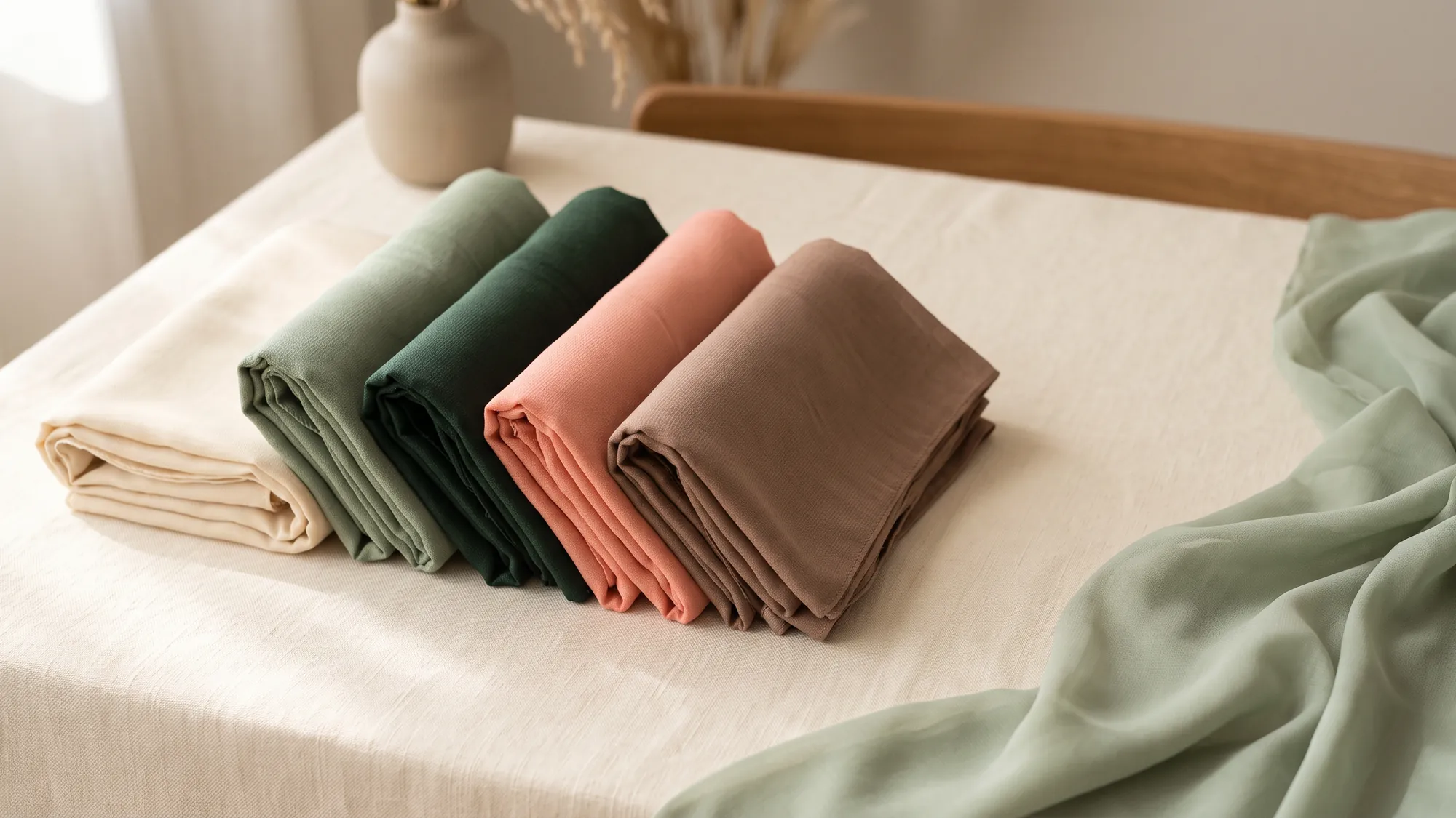 Folded miraë.my cotton bamboo shawls in cream, sage, coral and mocha